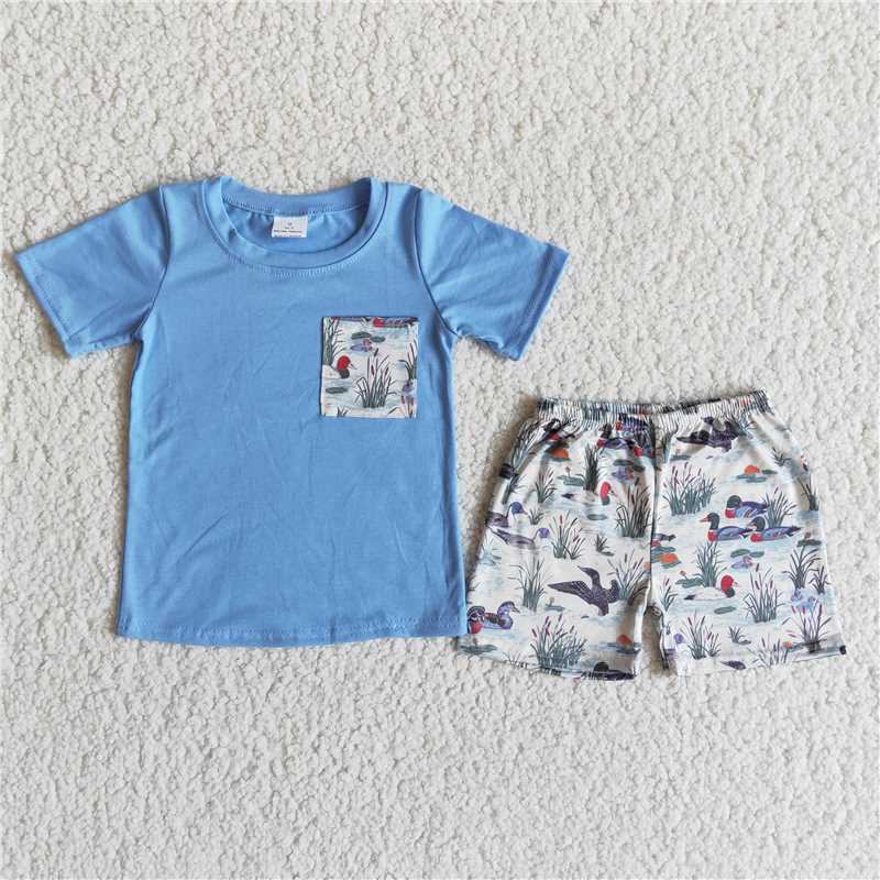 blue boys summer sets short sleeve shirt and shorts 2pcs suit paddy duck