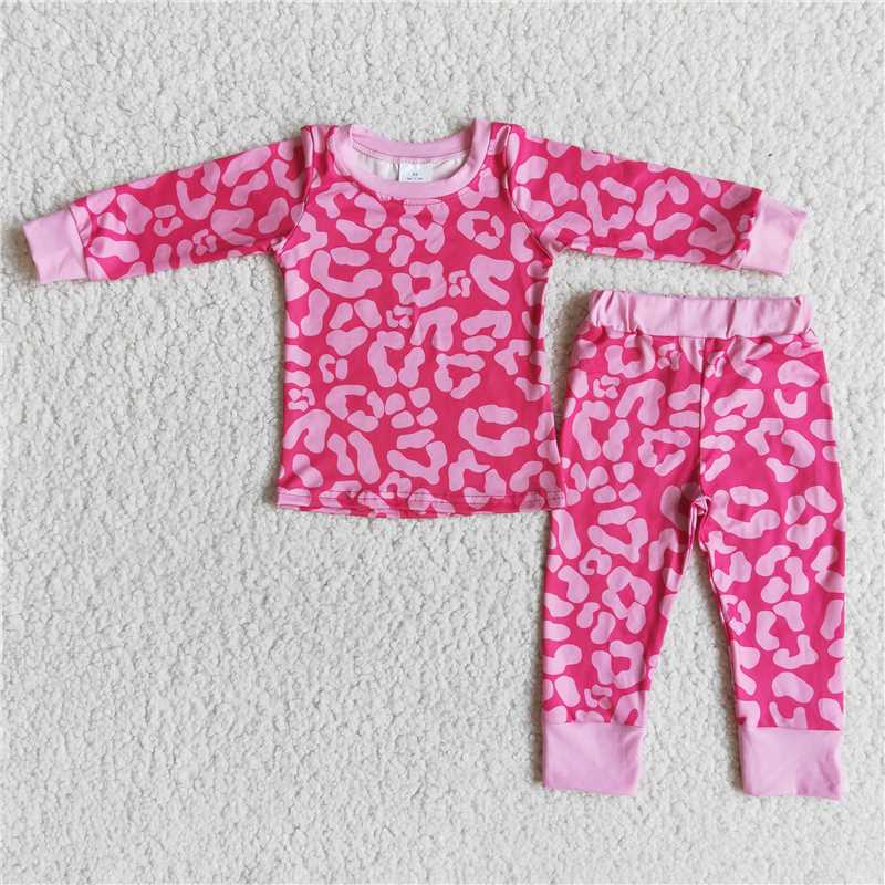 pink leopard 2 pieces girls pajamas sets kids clothes