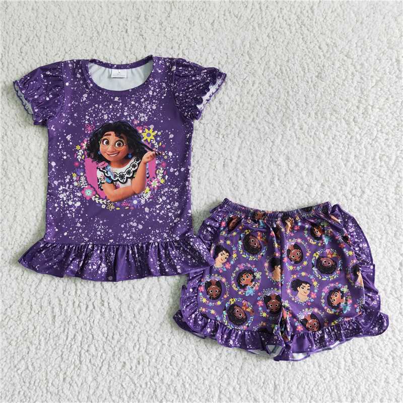 carton girls summer Purple shirt sets 2 pieces shorts outfits