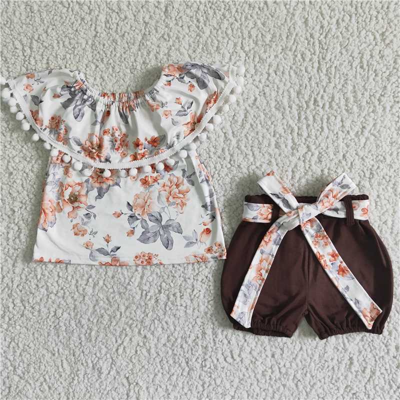 girls summer sets flower top & shorts with bow suit