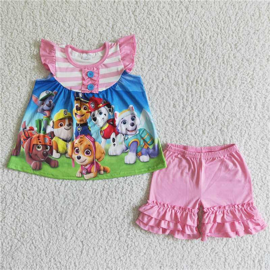 girls summer sets dogs top & pink shorts suit