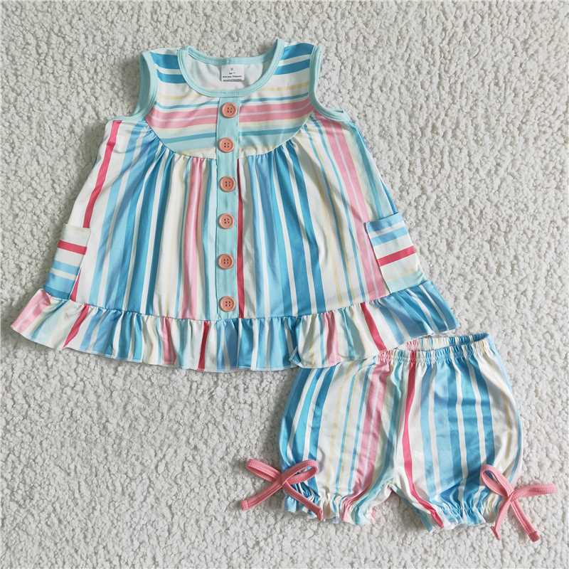 girls summer sets color stripes top & shorts suit