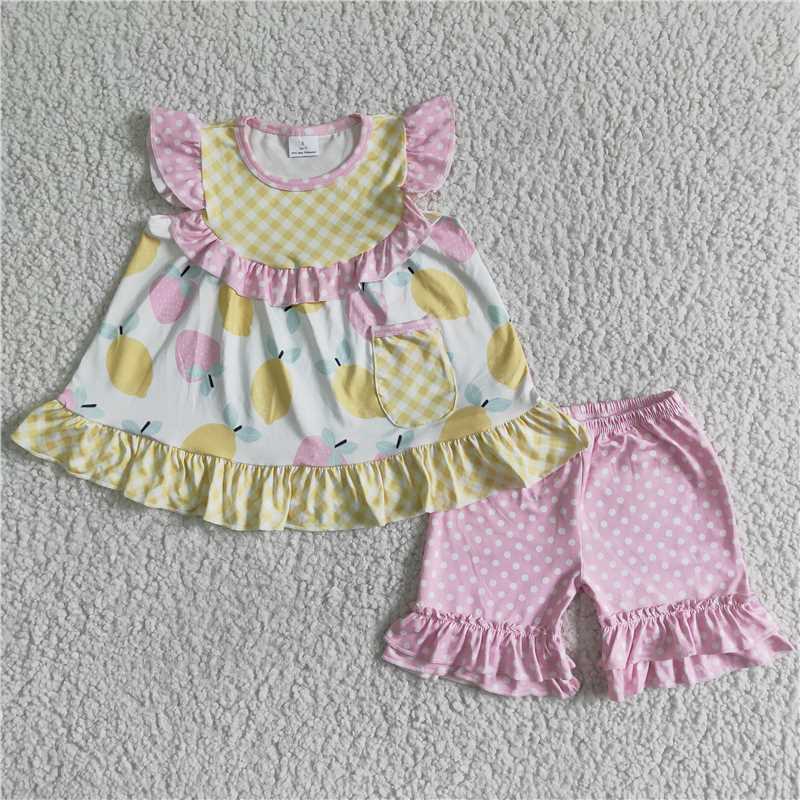 girls summer sets lemon top & pink shorts suit