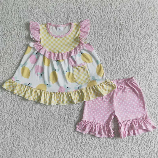 girls summer sets lemon top & pink shorts suit