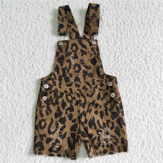 kids girls Leopard print denim overall summer shorts denim jumpsuits