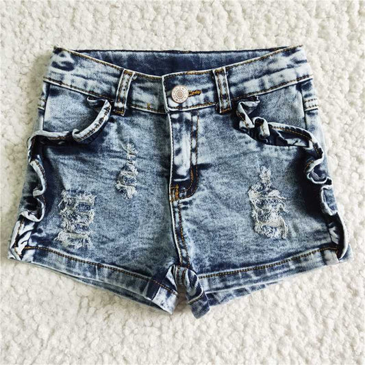 kids girls washed and frayed lace button denim shorts