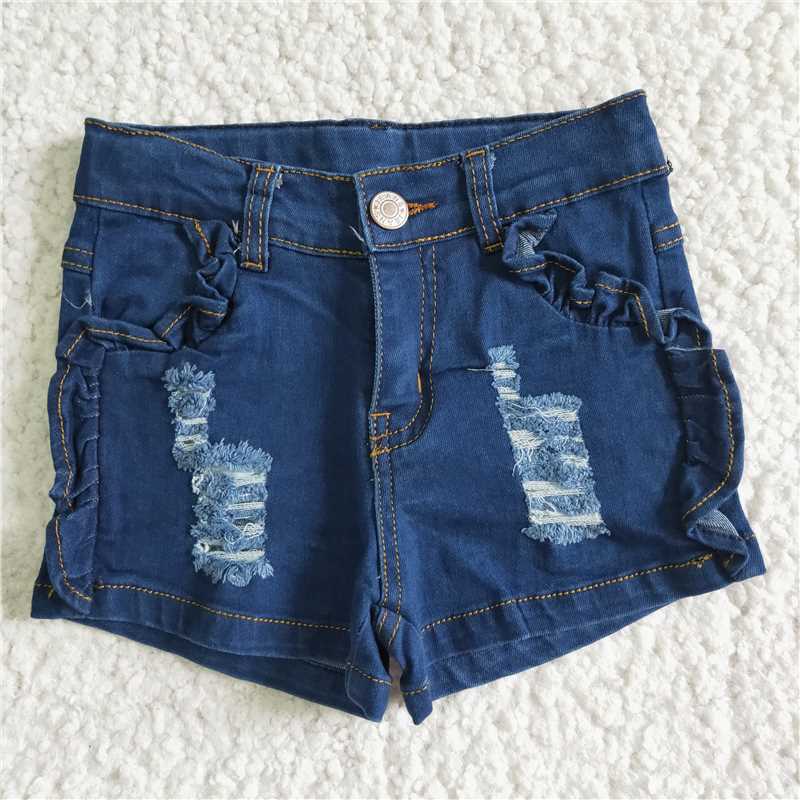 kids girls blue frayed lace button denim shorts