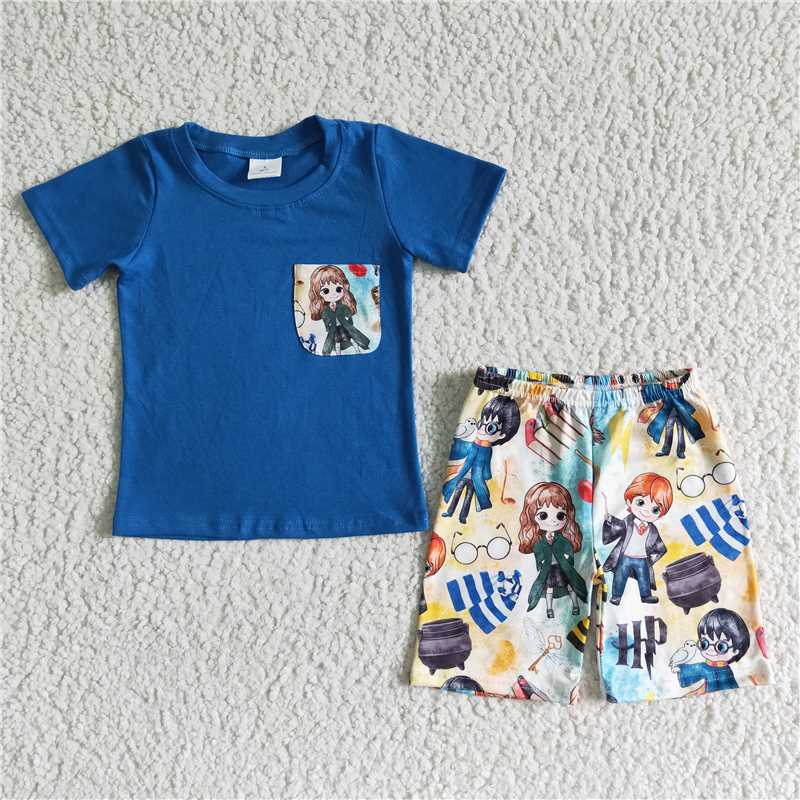 cartoon character boys summer sets short sleeve shirt and shorts 2 pieces suit