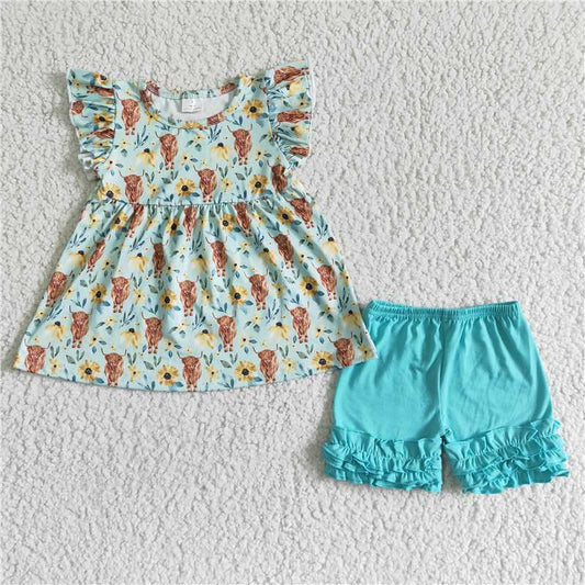 girls summer sets highland cow top & shorts suit