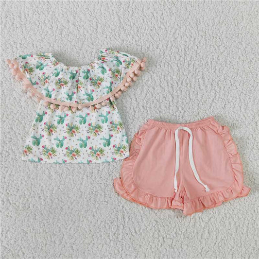 girls summer sets cactus top & cotton shorts suit