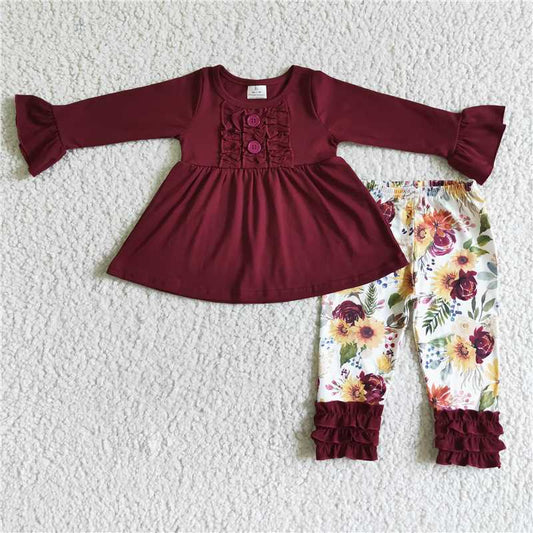 long sleeve cotton top and flower pants 2 pieces girls outfits