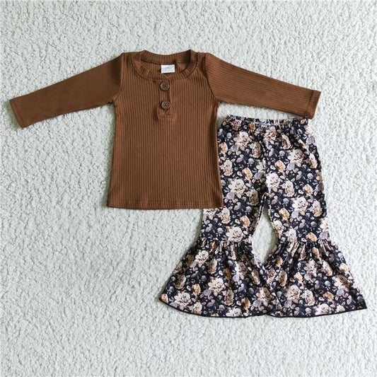 long sleeve brown shirt and bell 2 pieces girls outfits