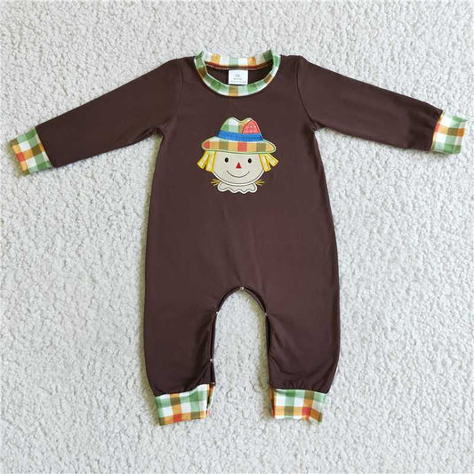 embroidery scarecroww long sleeve fall boys rompers with hidden button