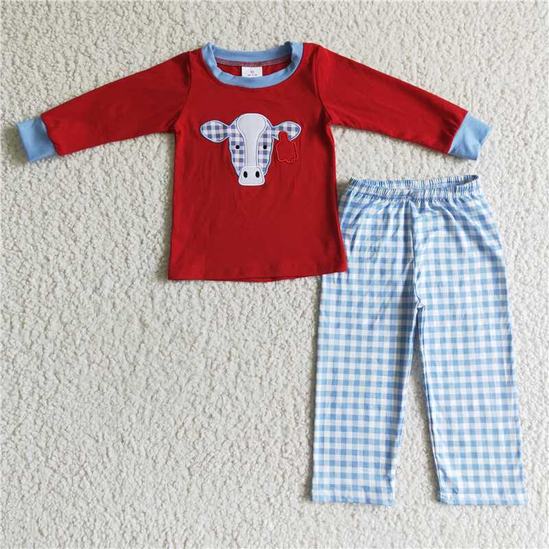 embroidery cow boy pajamas suit boy fall winter sets