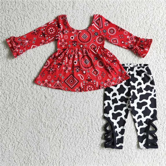 long sleeve red top and cow pants 2 pieces girls outfits