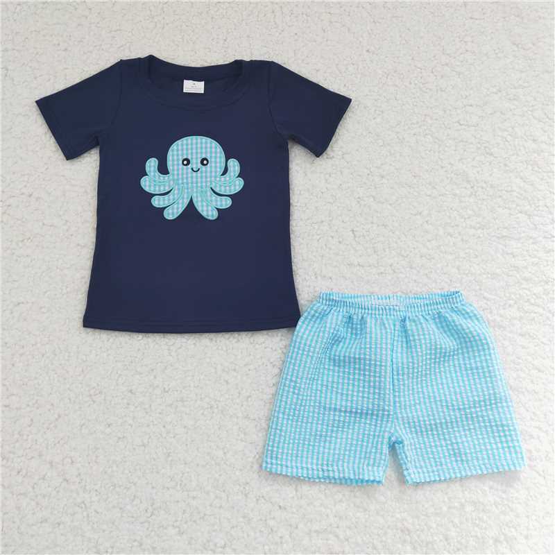 embroidered octopus boys summer sets