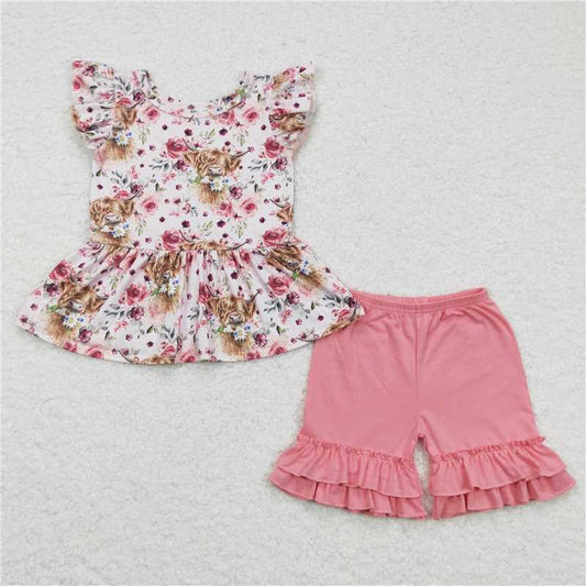 girls summer sets highland cow top & shorts suits