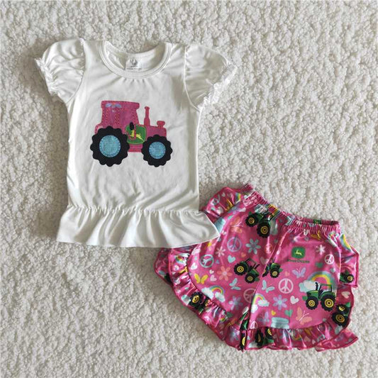 girls summer sets truck tractor top & shorts suit