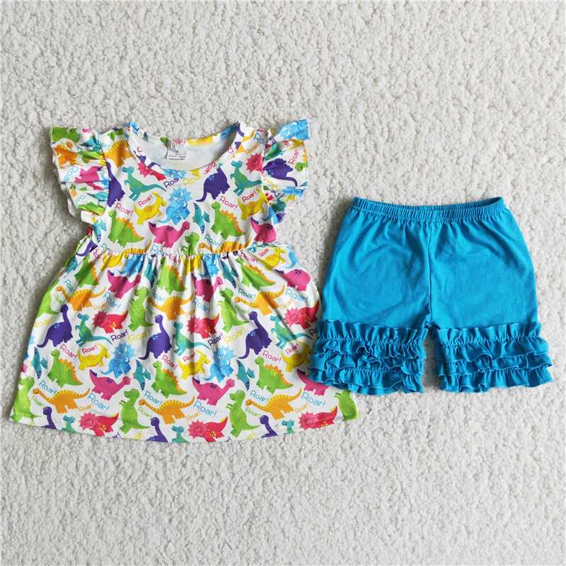 girls summer sets colorful dinosaur top & shorts suit