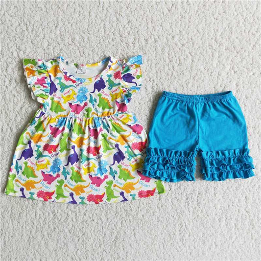 girls summer sets colorful dinosaur top & shorts suit