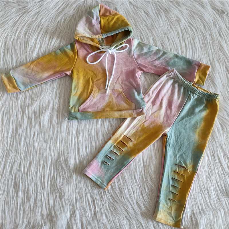 tie dye girls fall winter hooded top & pants set hoodie kids clothes