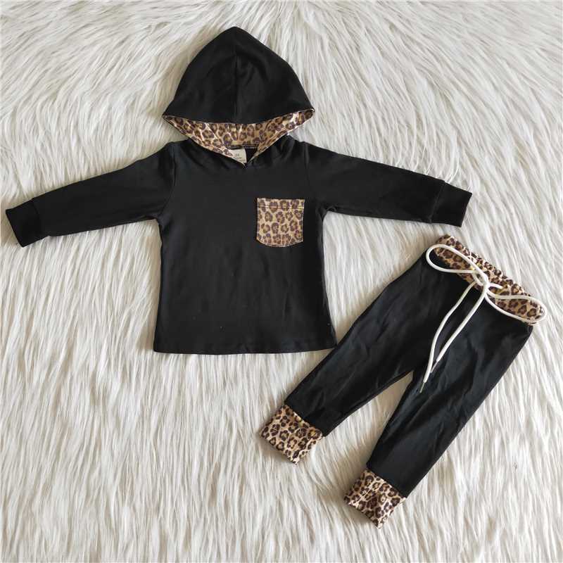 Leopard print Pocket winter hooded long sleeve top and long pants sets