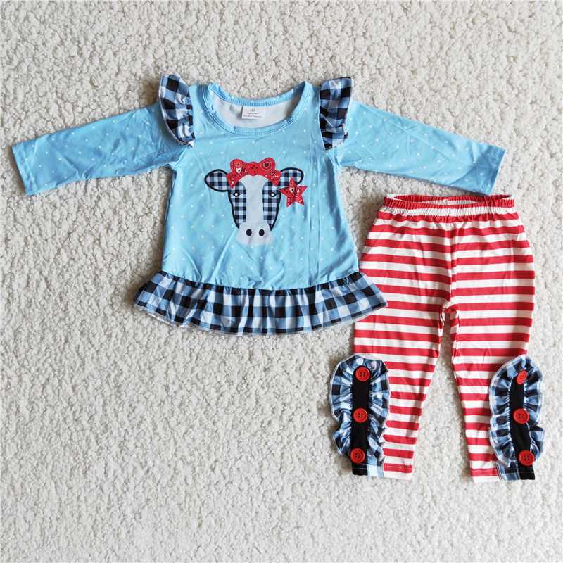 long sleeve cow top and pants 2 pieces girls outfits