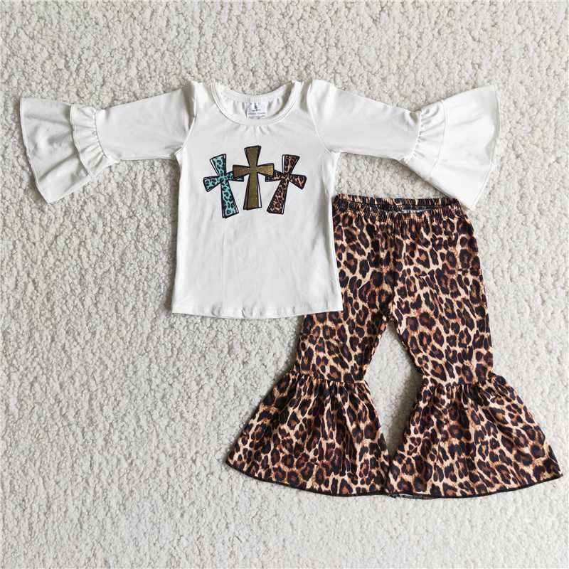 cross top and Leopard bell pants 2 pieces girls outfits kids clothes easter