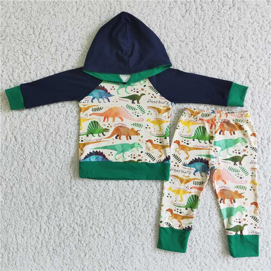 Dinosaur winter hooded long sleeve top and long pants sets