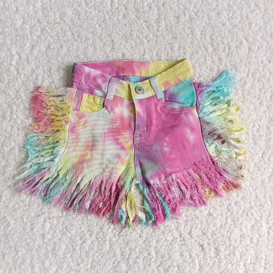 Tie-dye fringe jeans buttons denim shorts