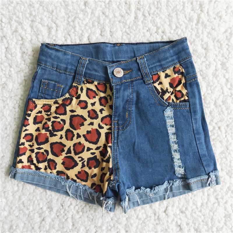 BLUE Leopard print jeans button denim shorts