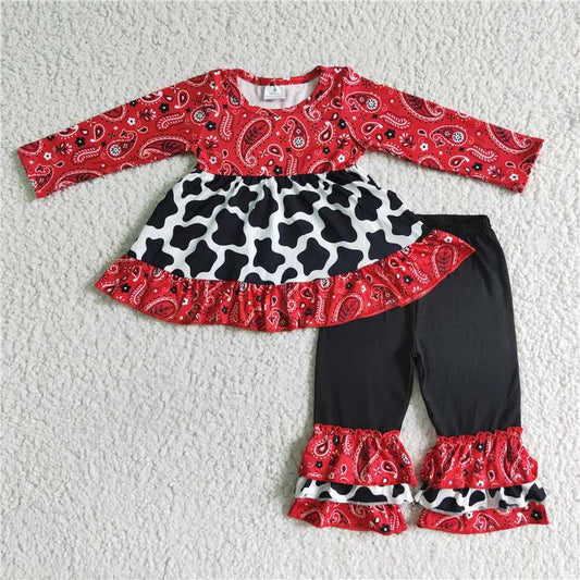 long sleeve cow top and pants 2 pieces girls outfits