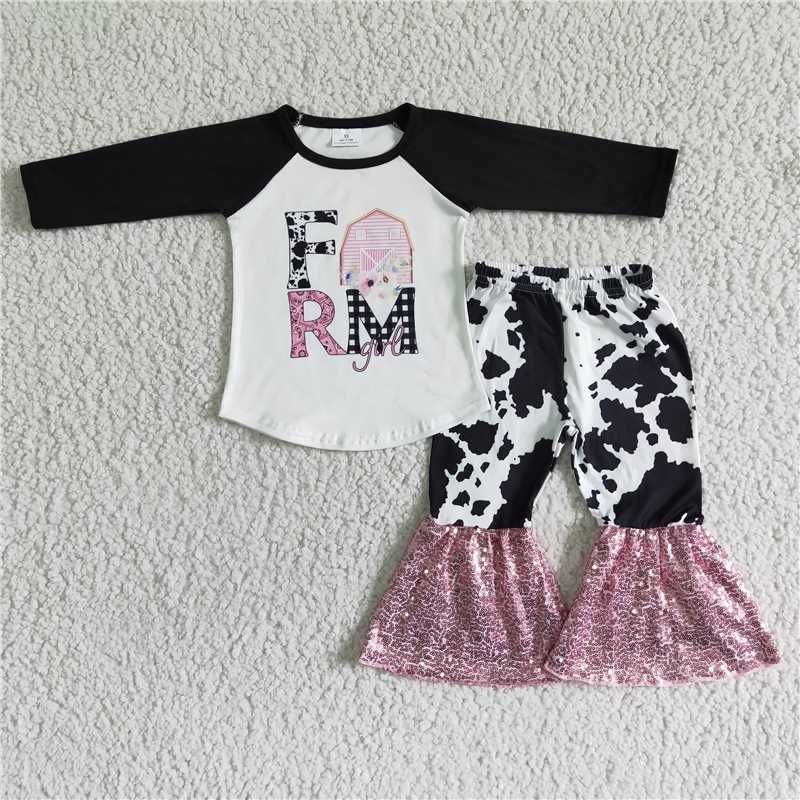 farm top and cow sequins bell pants 2 pieces girls outfits kids clothes