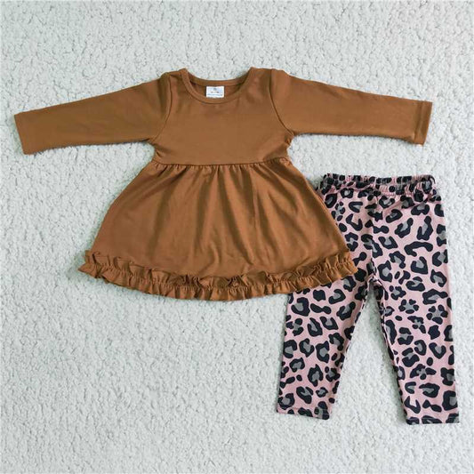 long sleeve brown cotton top and leopard pants 2 pieces girls outfits