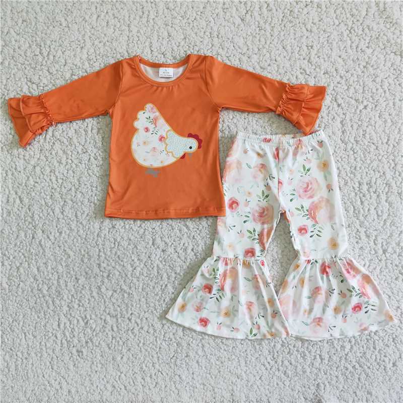 Chicken top and flower bell pants 2 pieces girls outfits kids clothes