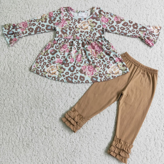 long sleeve flower top and brown cotton pants 2 pieces girls outfits