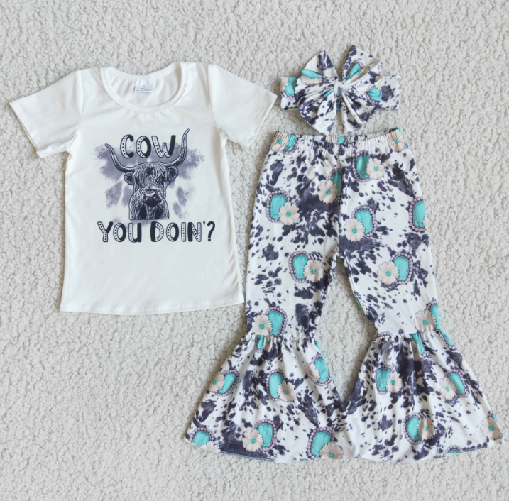 cow short sleeve shirt bell 2 pieces girls sets kids clothes