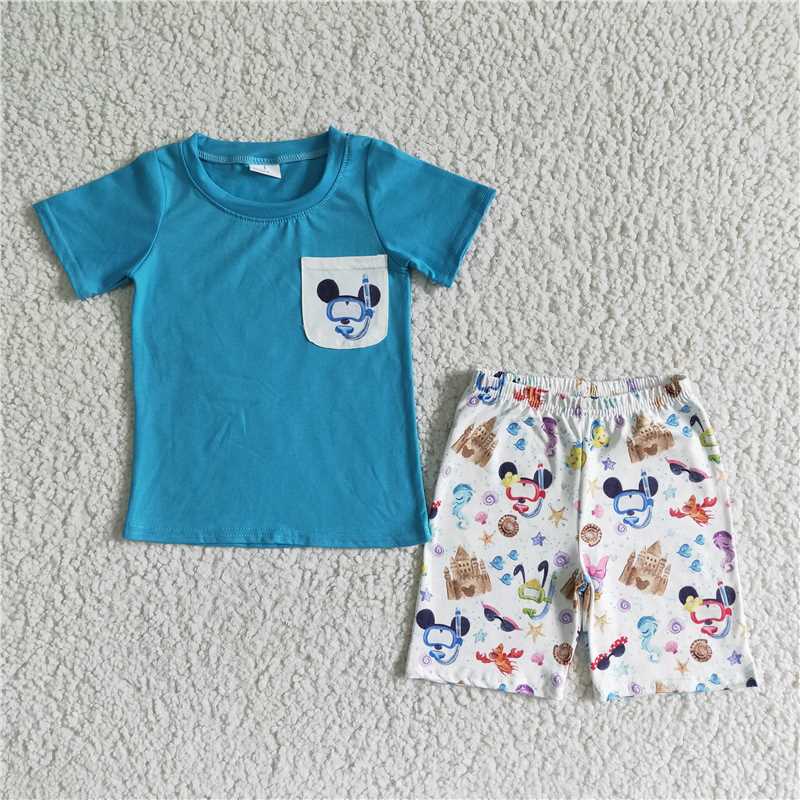 Cartoon Mouse boys summer sets short sleeve shirt and shorts 2 pieces suit