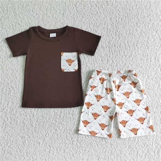 highland cattle boys summer sets short sleeve shirt and shorts 2 pieces suit