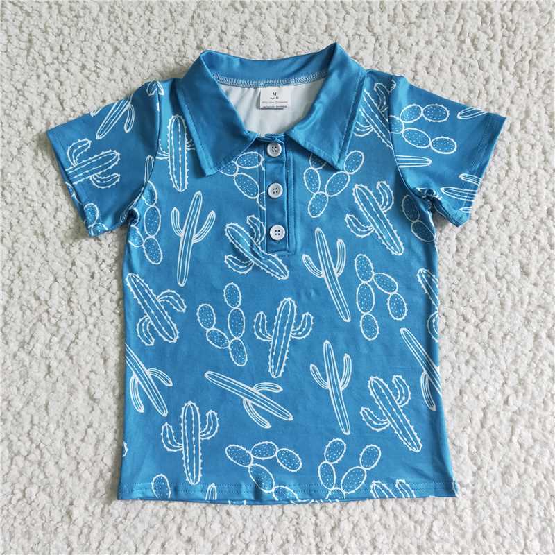 cactus blue Button Lapel short sleeve shirt