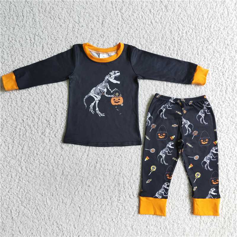 Skeleton Dinosaur halloween pajamas suit boys long sleeve top & pants 2 pieces outfits fall winter sets