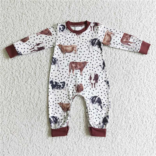 polka dot cow long sleeve fall boys rompers with hidden button