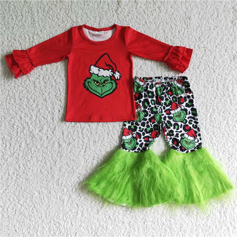 Christmas sets girls outfits shirt fuzzy bell pants 2 pieces grinch kids clothes