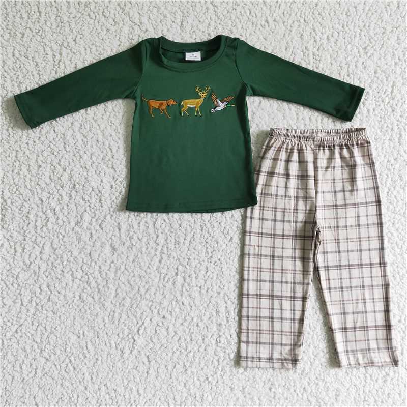 embroidery hunting boy pajamas suit boy fall winter sets