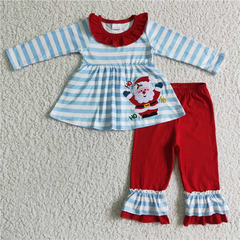 Christmas embroidery santa girls outfits match boy 2 pieces winter sets