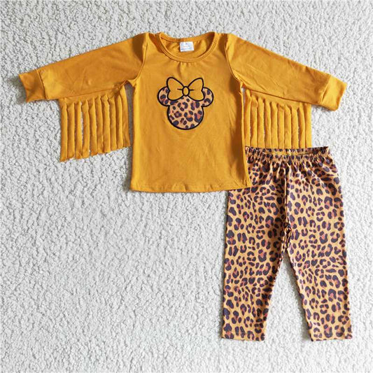 tassel shirt and Leopard pants 2 pieces girls outfit