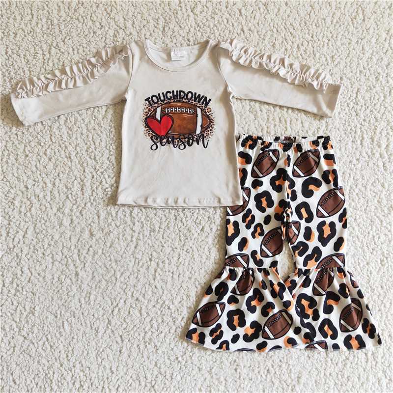 football top and Leopard bell pants 2 pieces girls outfits kids clothes