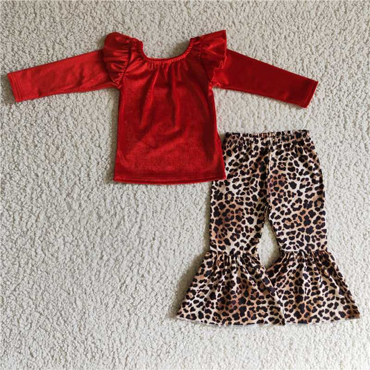 velvet red top and Leopard bell pants 2 pieces girls outfits kids clothes