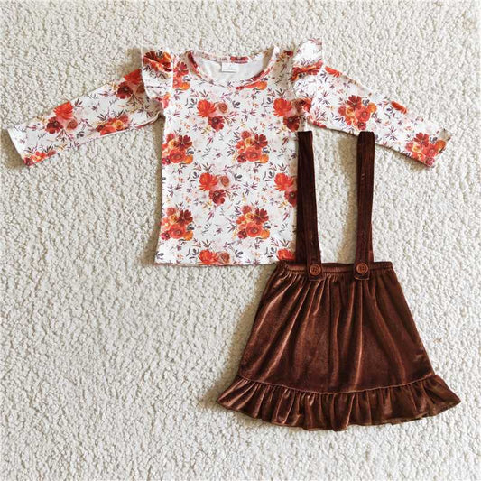 flower shirt & velvet skirt girl sets dress suits