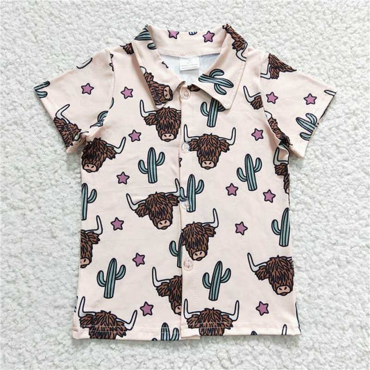 highland cow short sleeve shirt boys summer button top